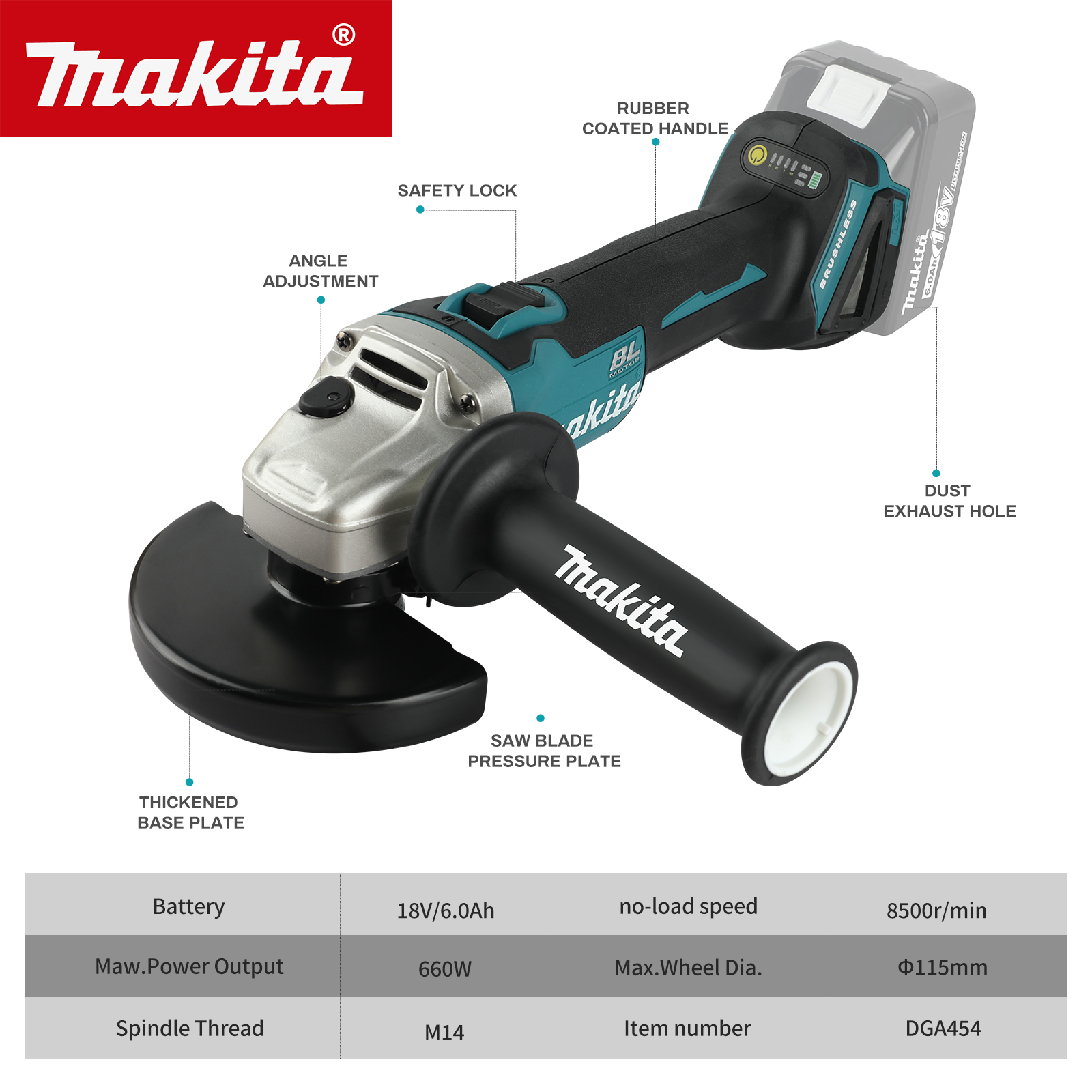 Makita DGA454 115mm 18V Brushl - огляд і ціна Brushless Angle Grinder Battery Powered